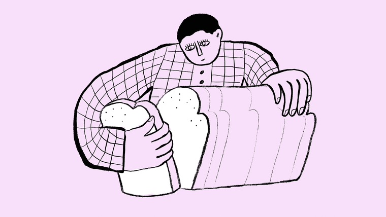 Illustration of a guy getting a piece of bread