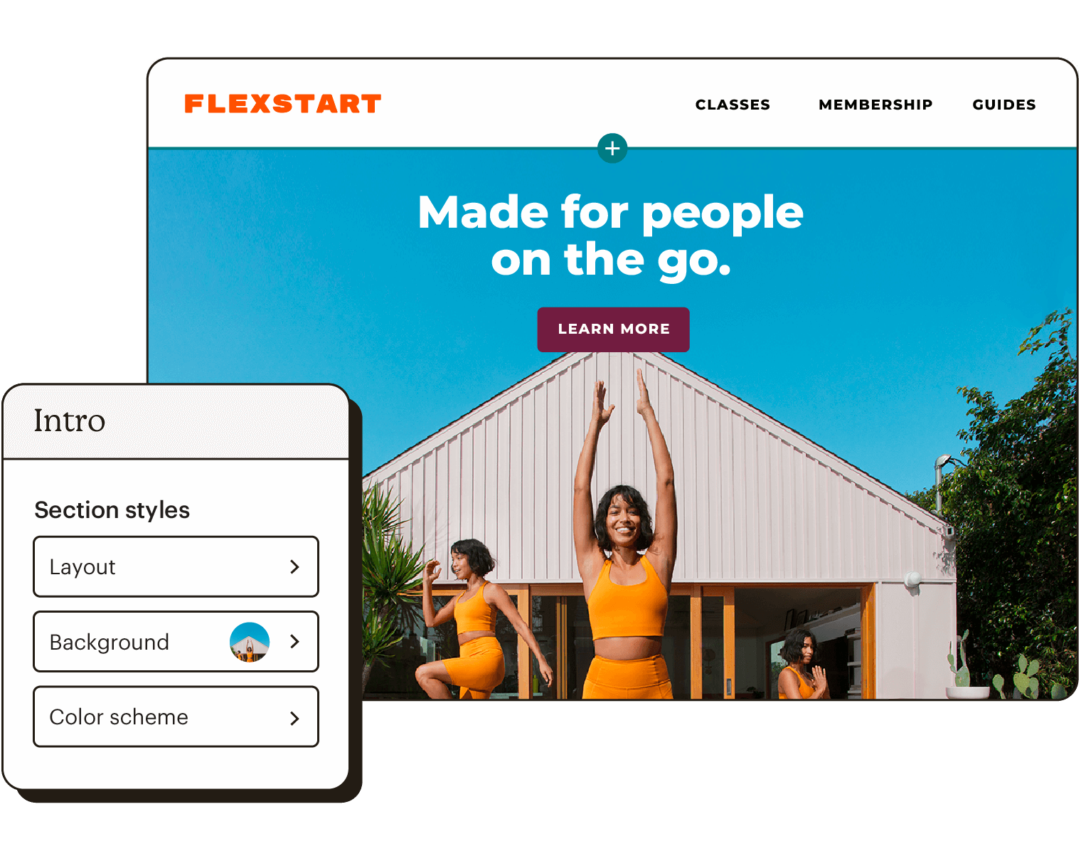 Abstract UI of a website for a business called Flexstart. There is also a box that shows that users can customize the layout, background, and color scheme.