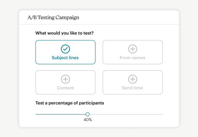 Options for which parts of an email to A B test, such as subject line and send time, along with the size of testing sample.