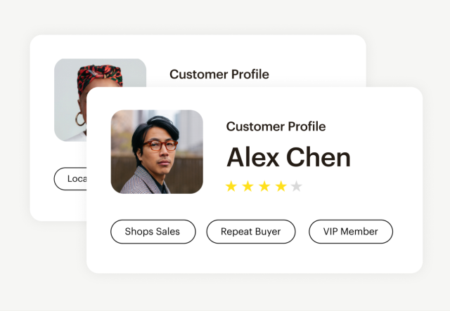 A Mailchimp customer profile card, showing their name as well as relevant segments like “Repeat Buyer” and “VIP Member”.