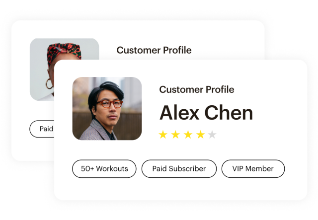 A Mailchimp customer profile card, showing their name as well as relevant segments like “Paid Subscriber” and “VIP Member”.