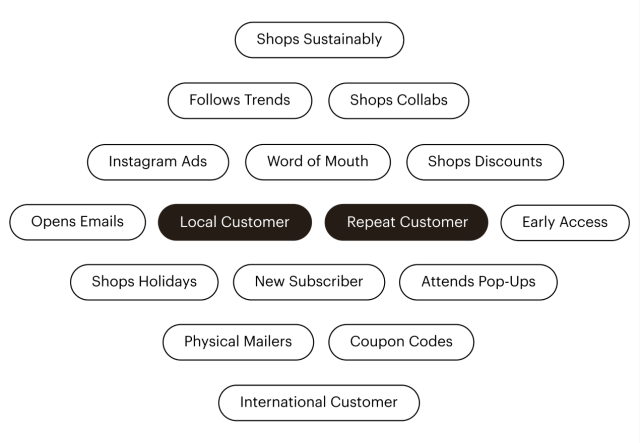 A variety of example segments that can be targeted with Mailchimp campaigns, like “Local Customer” and “Repeat Customer”.