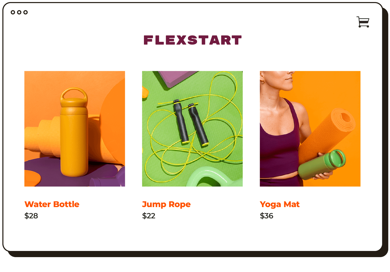 Abstract UI of an online store called Flexstart selling a water bottle for $28, a jump rope for $22, and a yoga mat for $36
