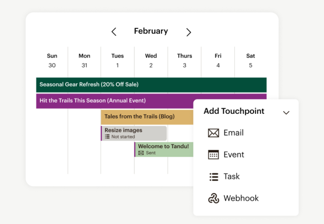Mailchimp’s Campaign Manager shown next to a menu of options for adding touchpoints, such as an email, event, task, or webhook.