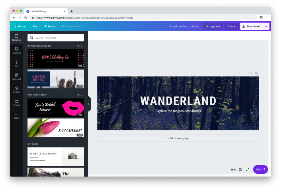 Image of design dashboard with the text Wanderland explore the magical woodlands