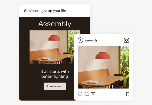 An email and social post with the same product image in different dimensions, made easy with Mailchimp’s Content Studio.