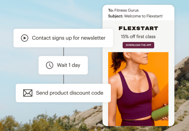 A Customer Journey automation that sends a discount code one day after a visitor signs up for your newsletter.