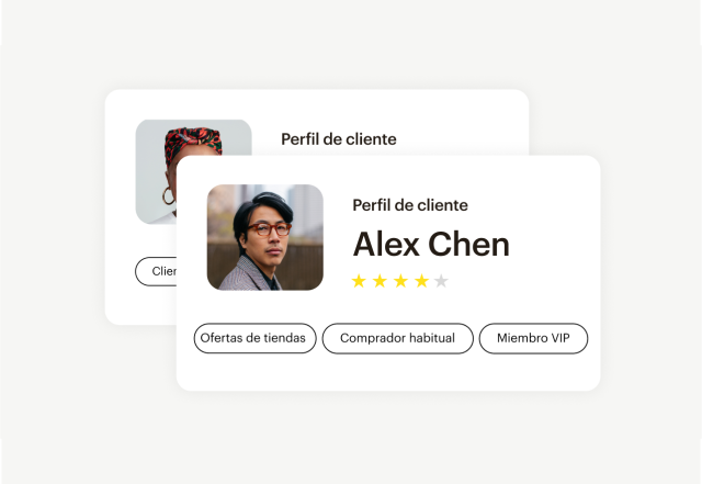 Una tarjeta de perfil de cliente de Mailchimp que muestre su nombre, así como segmentos relevantes como “Repetir comprador” y “Miembro VIP”.