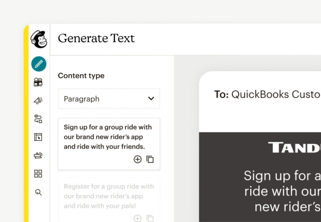 Mailchimp’s Generative AI tool, showing text created according to content type, such as paragraphs for promotional emails.