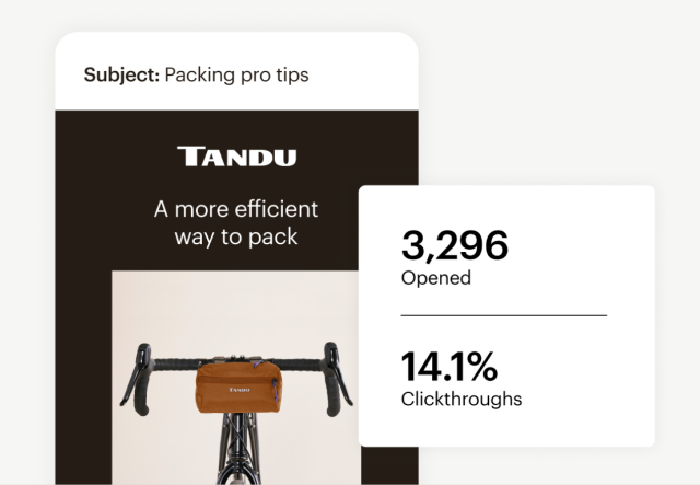 An example marketing email shown next to open and clickthrough stats from Mailchimp. 