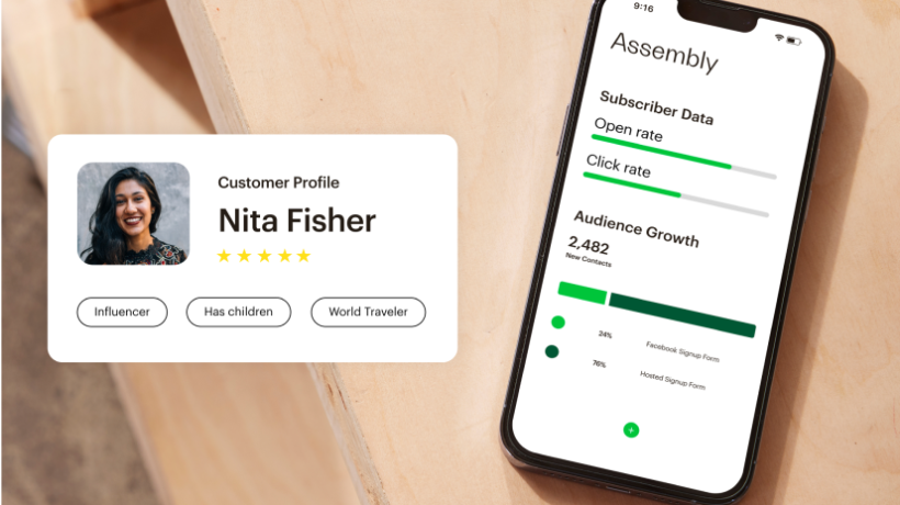 The Mailchimp app with detailed audience metrics, like open and click rate, next to a customer profile card.