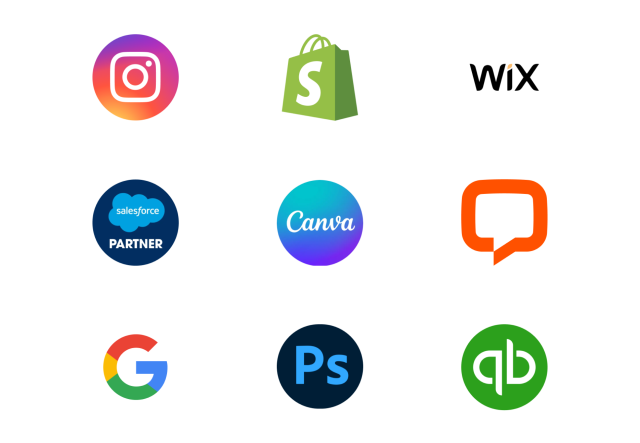 Logos stacked three-on-three. In the top row are Instagram, Shopify, and Wix. In the middle row are Salesforce, Canva, and LiveChat. In the bottom row are Google, Photoshop, and Quickbooks. 