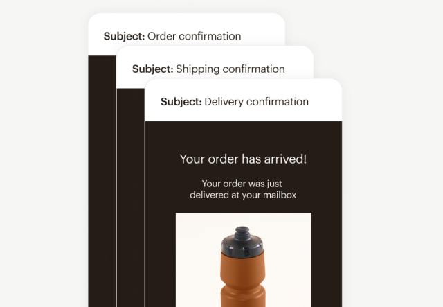 A series of transactional emails, including “Order confirmation”, “Shipping confirmation”, and “Delivery confirmation”.